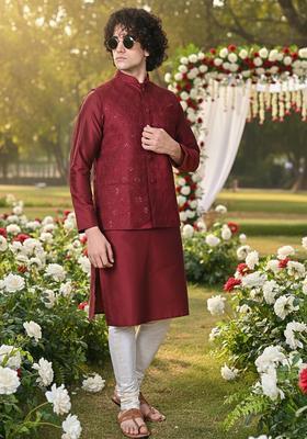 Maroon Solid Cotton Kurta Set For Men