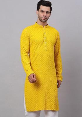 Yellow Embroidered Polyester Kurta Set For Men