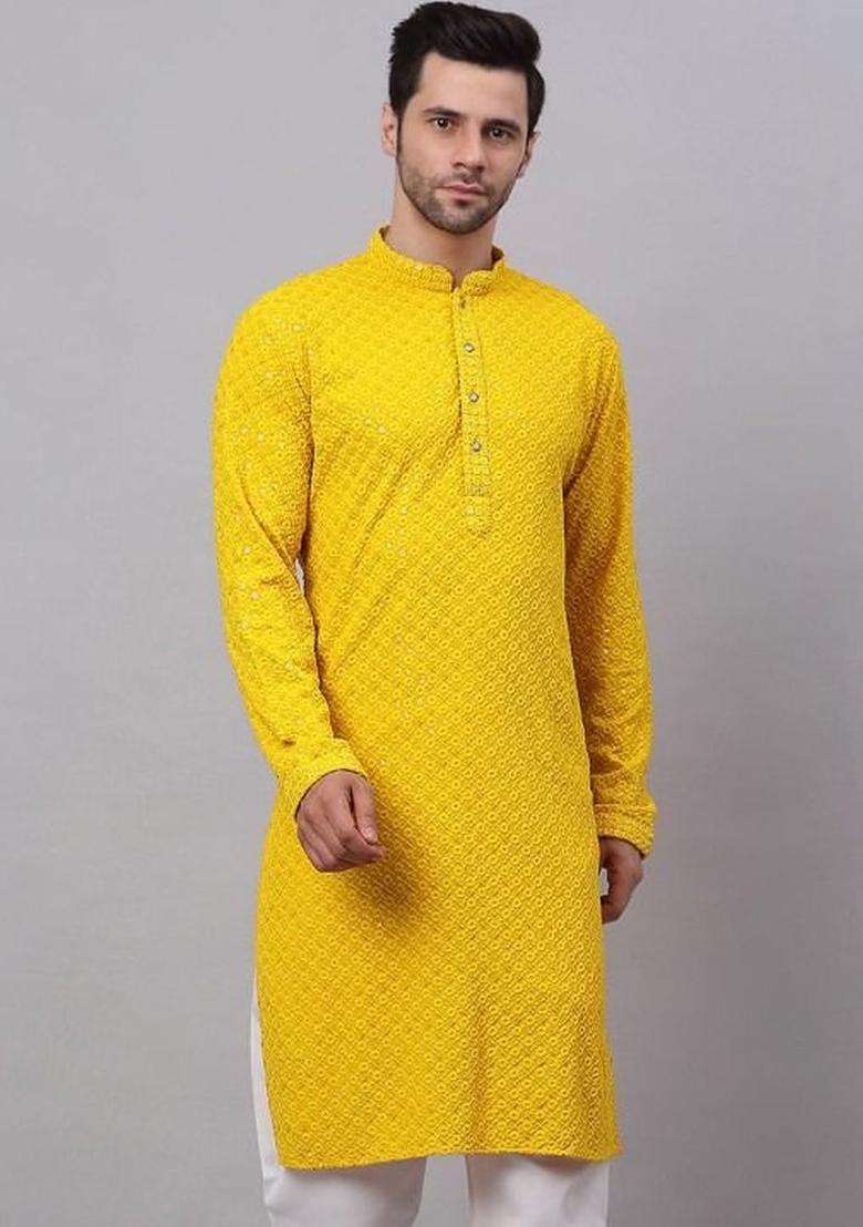 Yellow Embroidered Polyester Kurta Set For Men - Indya