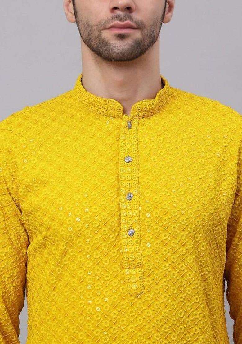 Yellow Embroidered Polyester Kurta Set For Men - Indya