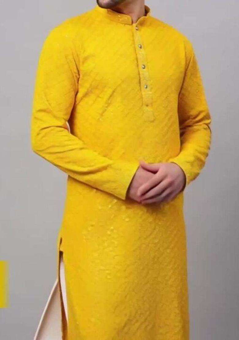 Yellow Embroidered Polyester Kurta Set For Men - Indya