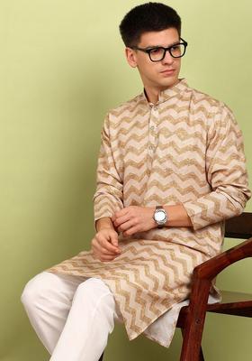 Beige Printed Cotton Kurta Set For Men