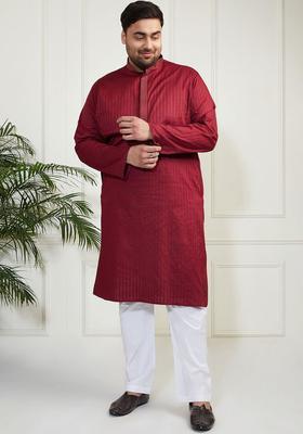 Maroon Striped Cotton Kurta Set For Men