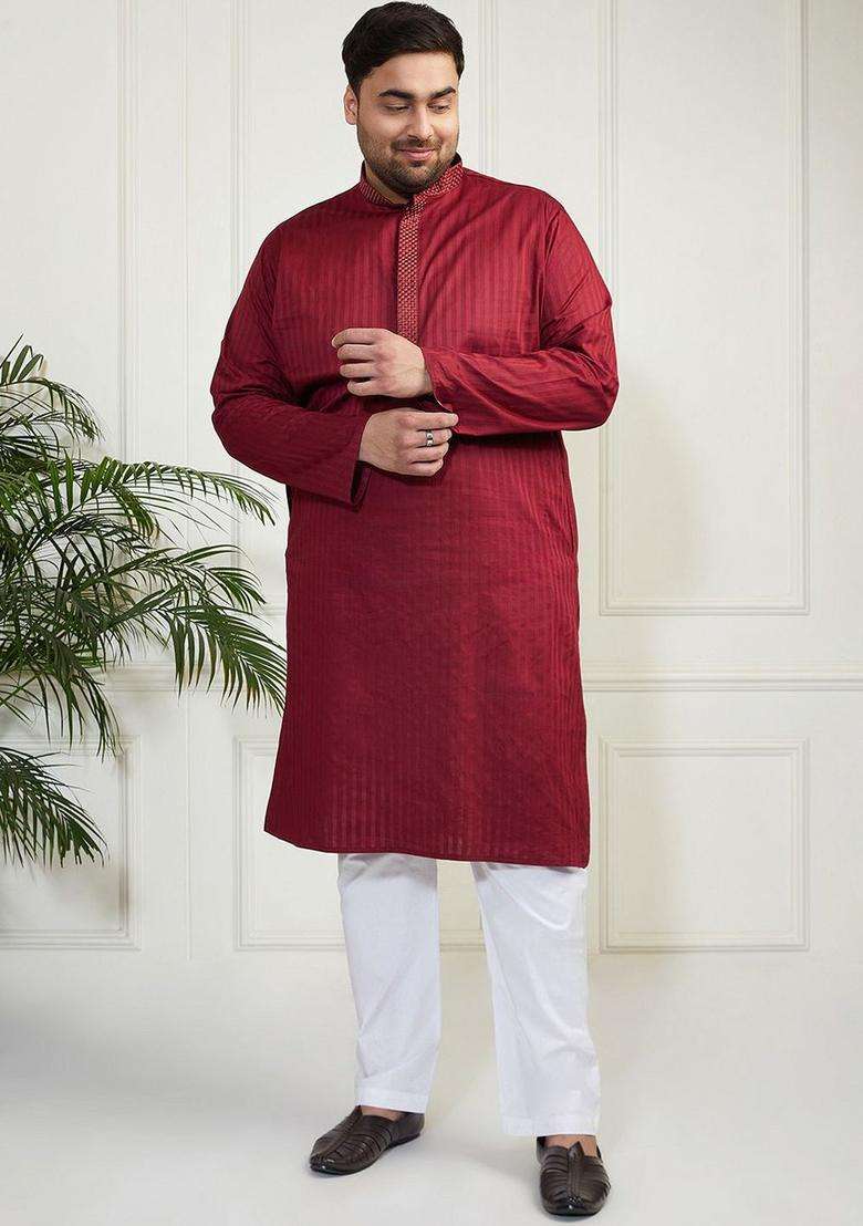 Maroon Striped Cotton Kurta Set For Men - Indya