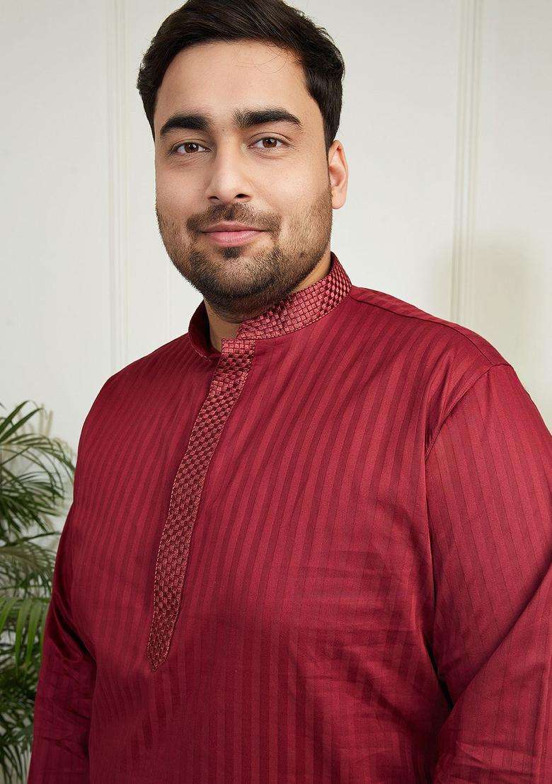 Maroon Striped Cotton Kurta Set For Men - Indya