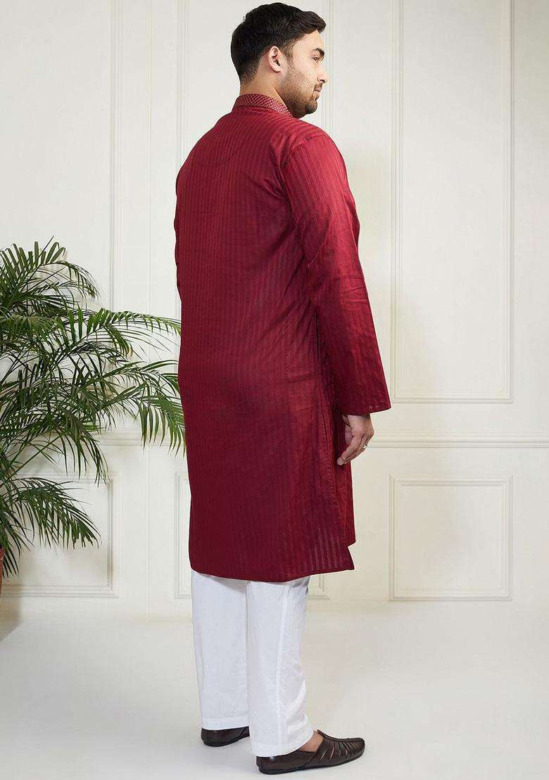 Maroon Striped Cotton Kurta Set For Men - Indya