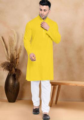 Yellow Solid Cotton Kurta Set For Men