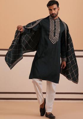 Green Embroidered Silk Kurta Set For Men