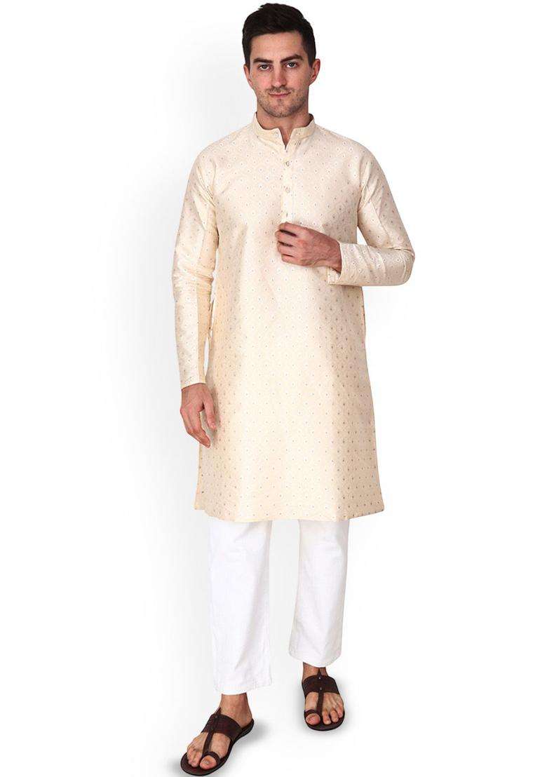 Gold Woven Design Cotton Kurta Set For Men - Indya