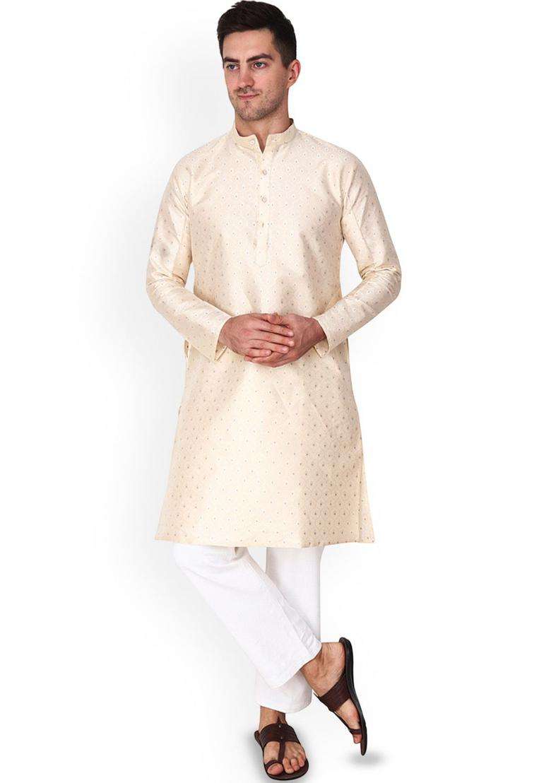 Gold Woven Design Cotton Kurta Set For Men - Indya