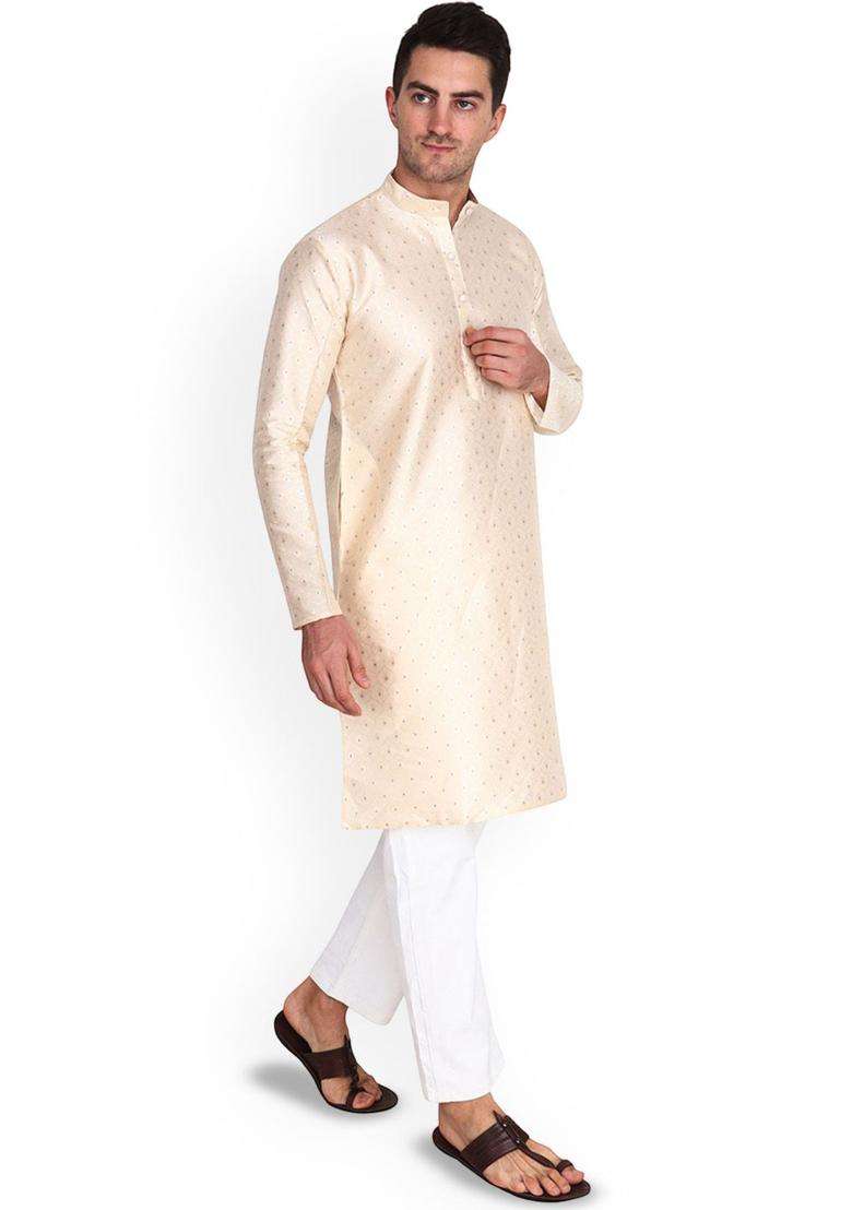 Gold Woven Design Cotton Kurta Set For Men - Indya