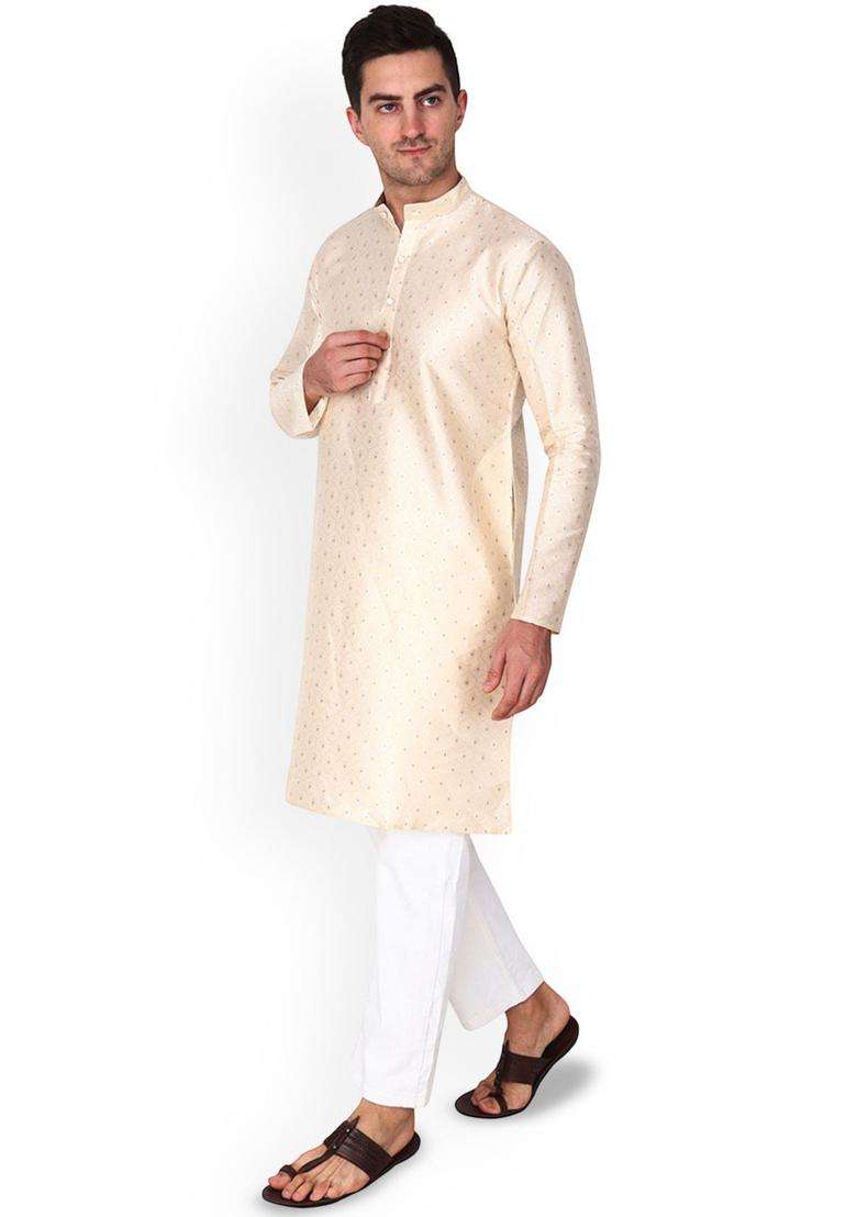 Gold Woven Design Cotton Kurta Set For Men - Indya