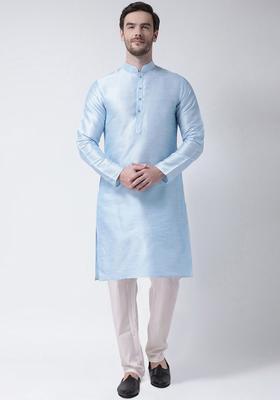 Turquoise Blue Self Design Silk Kurta Set For Men