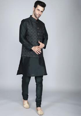 Green Self Design Silk Kurta Set For Men
