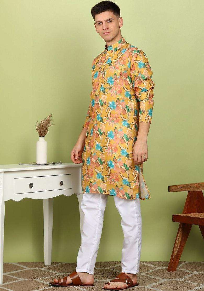 Yellow Printed Cotton Kurta Set For Men - Indya