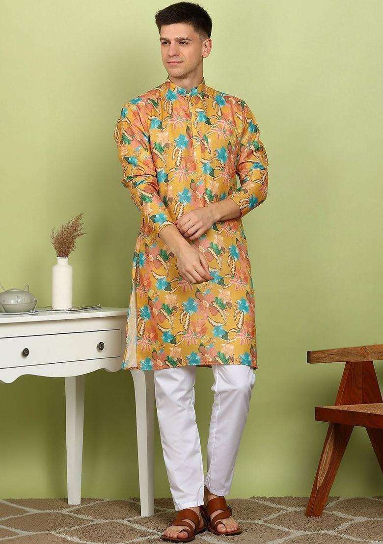 Yellow Printed Cotton Kurta Set For Men - Indya