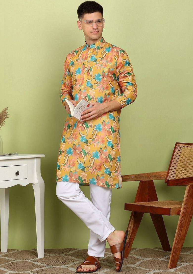 Yellow Printed Cotton Kurta Set For Men - Indya