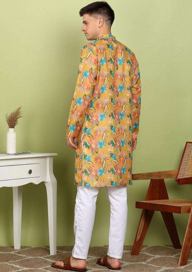 Yellow Printed Cotton Kurta Set For Men - Indya