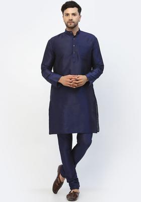 Navy Blue Solid Silk Kurta Set For Men