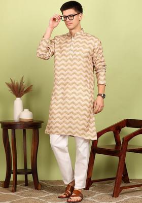 Beige Printed Cotton Kurta Set For Men