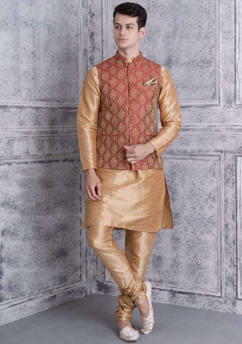 Beige Solid Silk Blend Kurta Set For Men - Indya