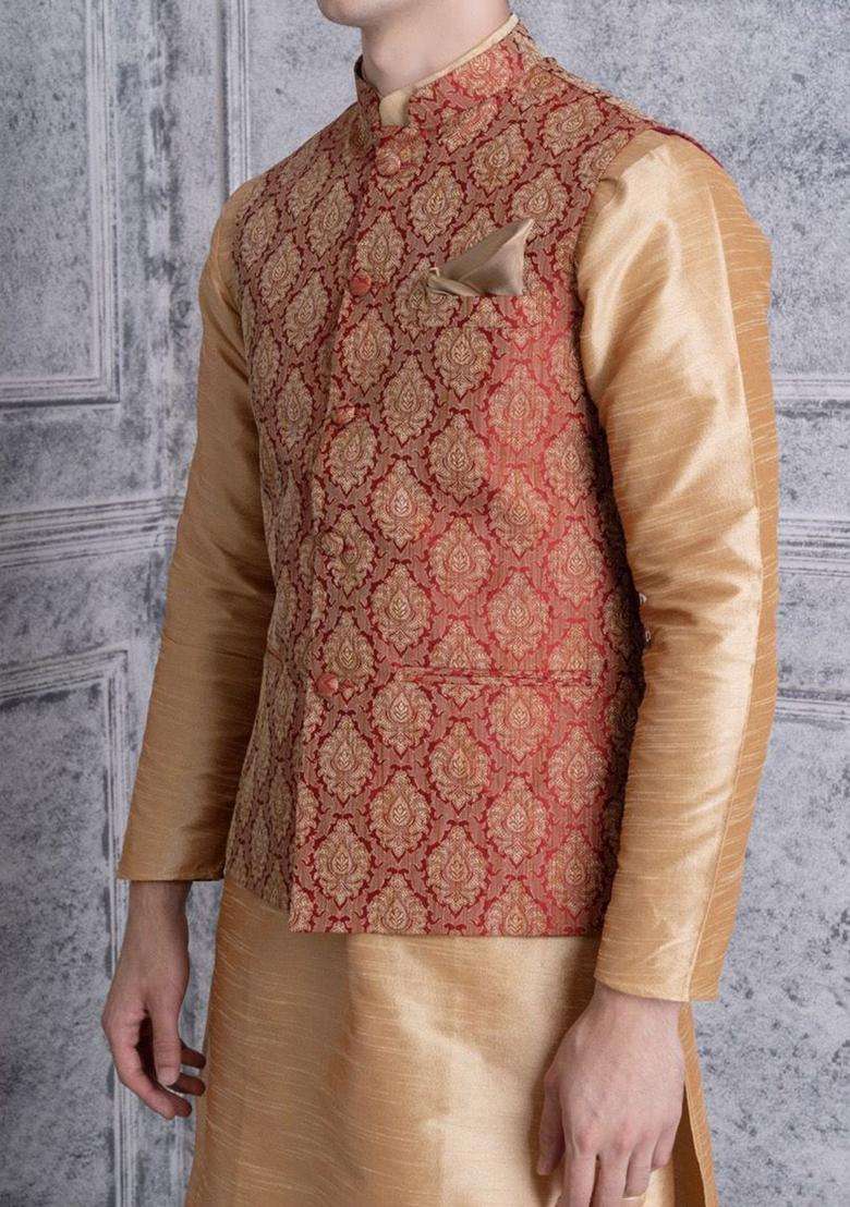 Beige Solid Silk Blend Kurta Set For Men - Indya
