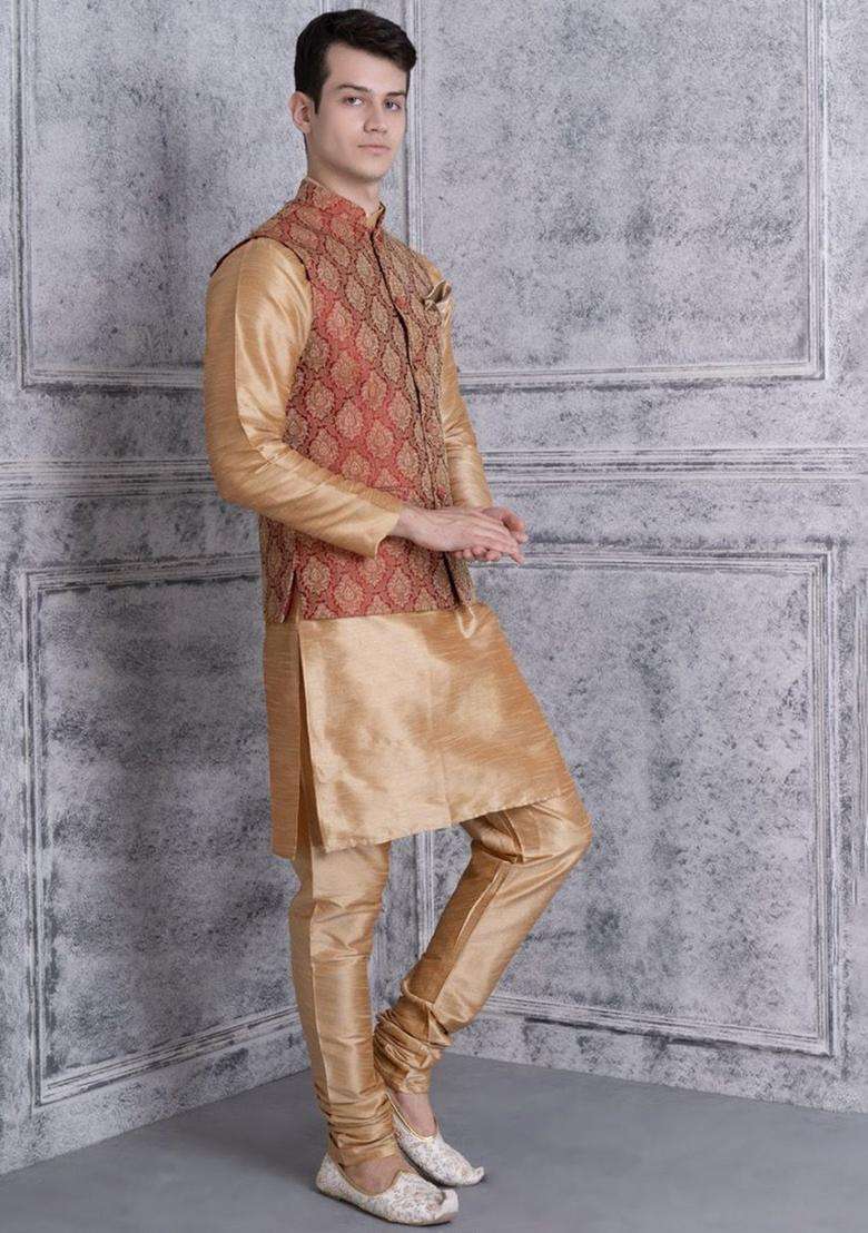 Beige Solid Silk Blend Kurta Set For Men - Indya