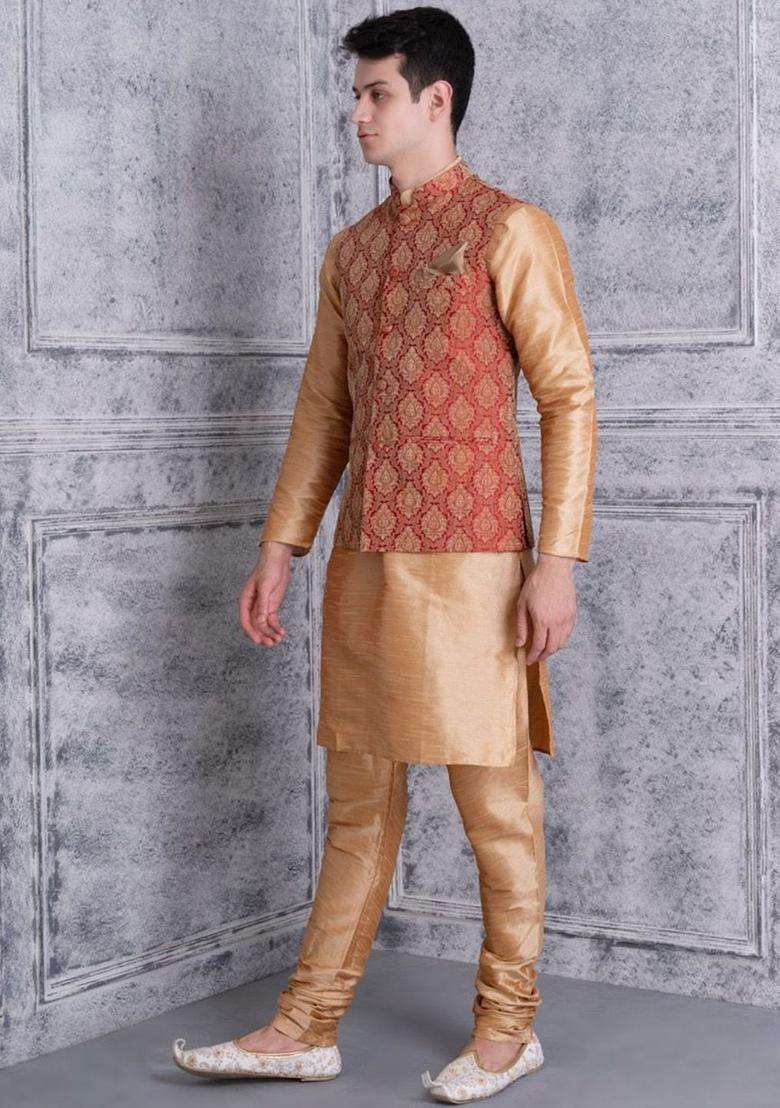 Beige Solid Silk Blend Kurta Set For Men - Indya