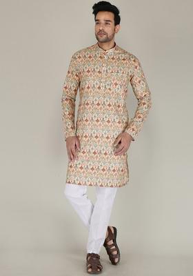 Brown Printed Cotton Kurta Set For Men