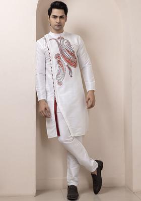 White Printed Silk Kurta Set For Men
