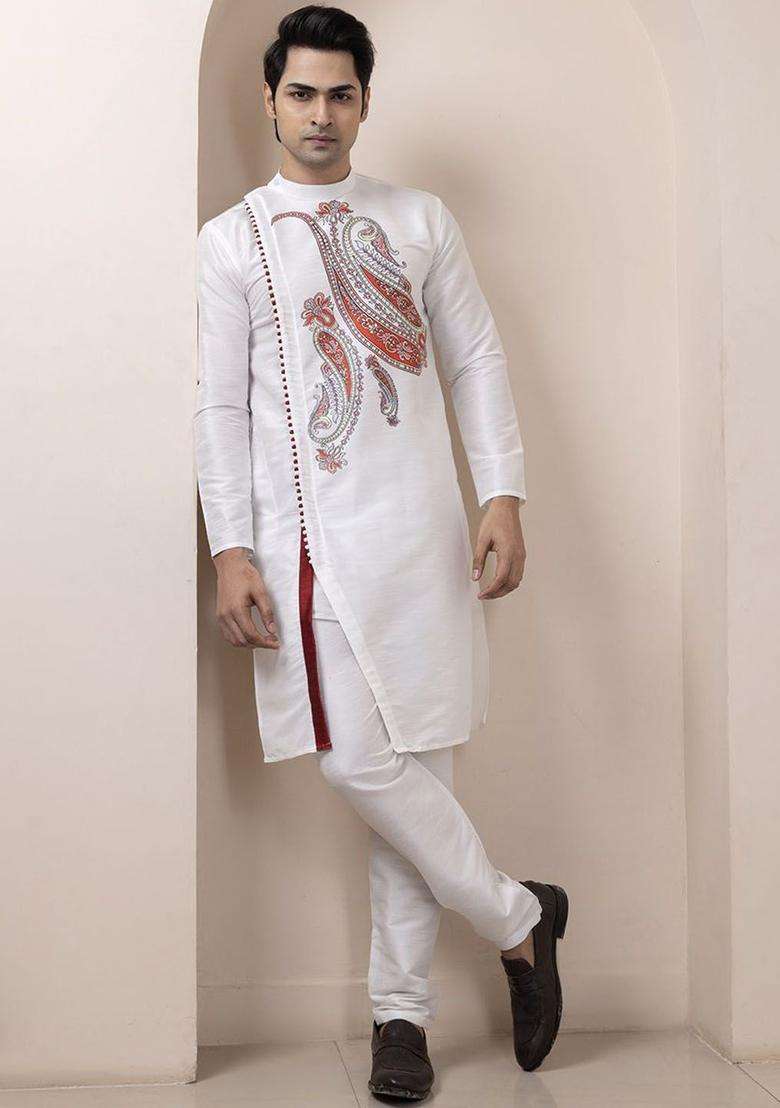 White Printed Silk Blend Kurta Set For Men - Indya