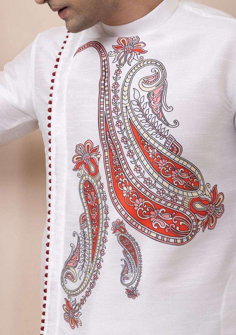 White Printed Silk Blend Kurta Set For Men - Indya