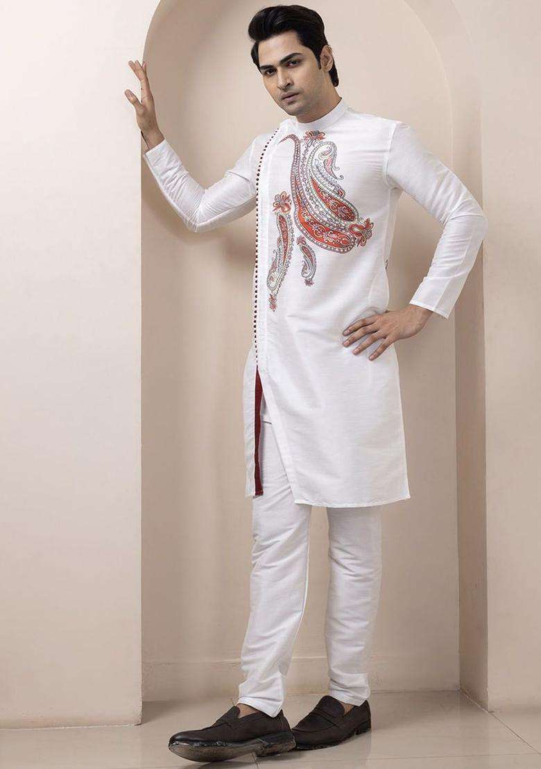 White Printed Silk Blend Kurta Set For Men - Indya