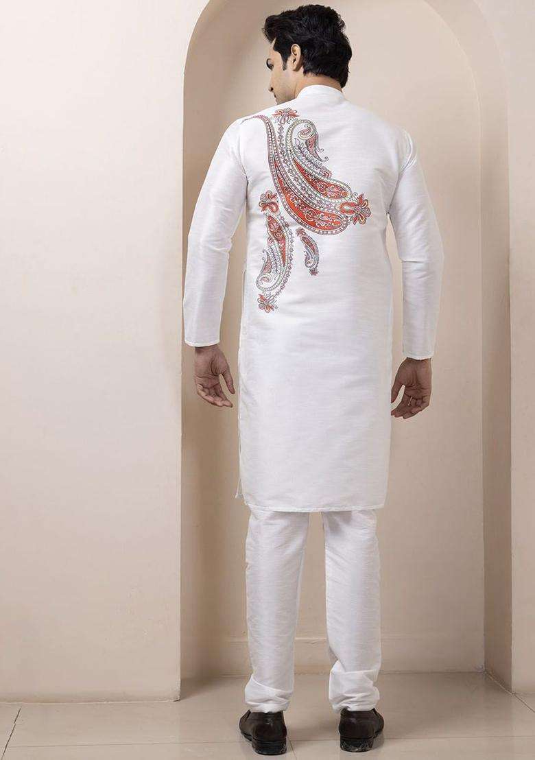 White Printed Silk Blend Kurta Set For Men - Indya