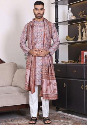 Beige Embroidered Cotton Kurta Set For Men