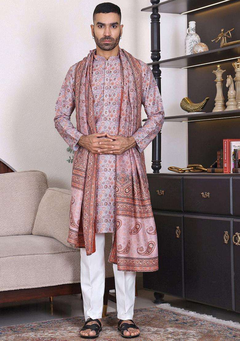 Beige Embroidered Cotton Kurta Set For Men - Indya