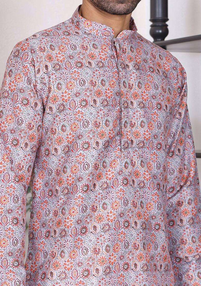 Beige Embroidered Cotton Kurta Set For Men - Indya