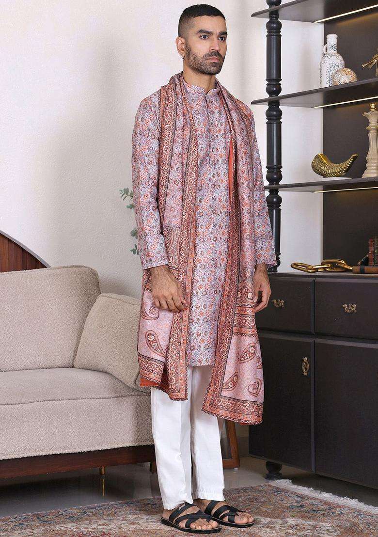 Beige Embroidered Cotton Kurta Set For Men - Indya