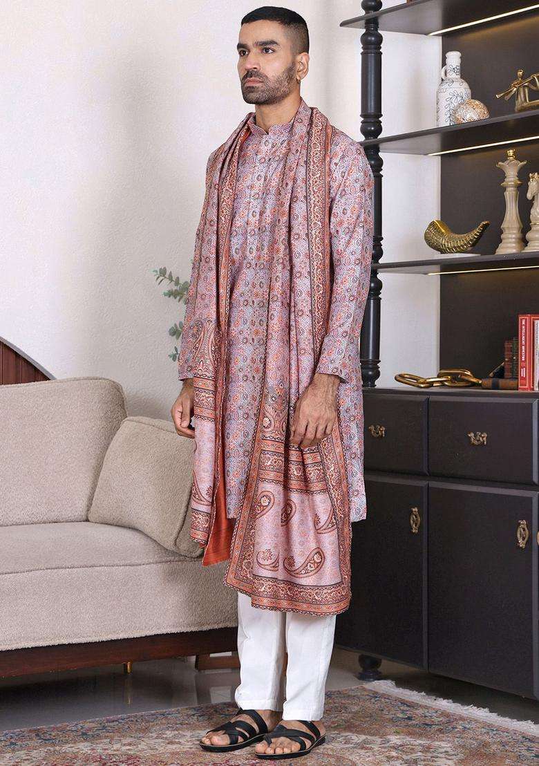 Beige Embroidered Cotton Kurta Set For Men - Indya