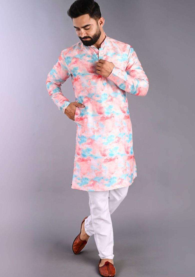 Multi Printed Cotton Kurta Set For Men - Indya
