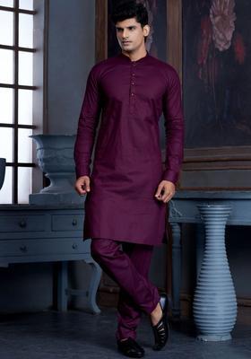 Maroon Solid Cotton Kurta Set For Men