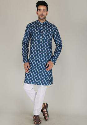 Blue Printed Cotton Kurta Set For Men