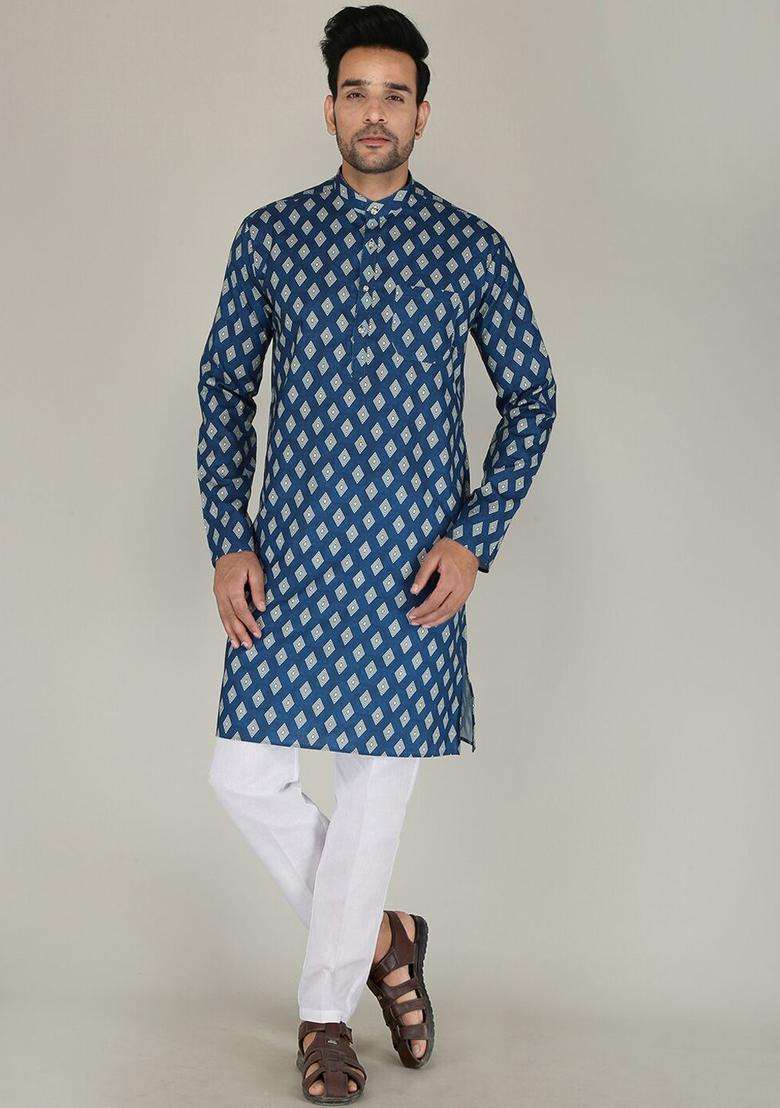 Blue Printed Cotton Kurta Set For Men - Indya