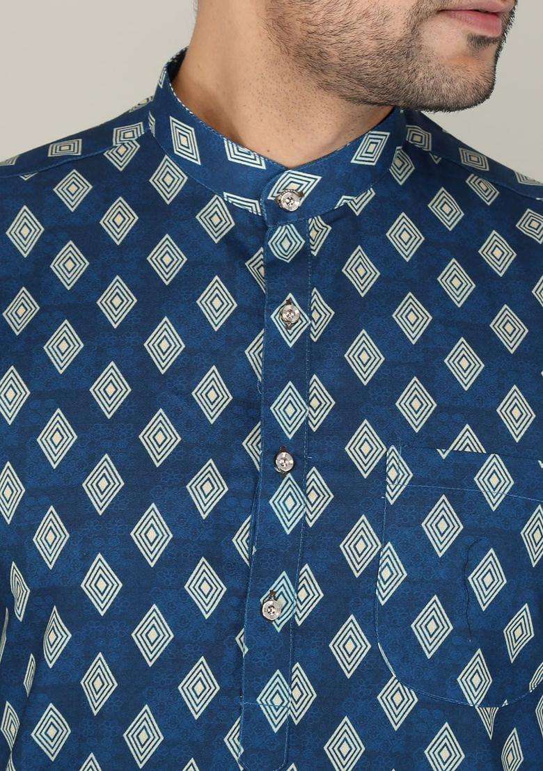 Blue Printed Cotton Kurta Set For Men - Indya