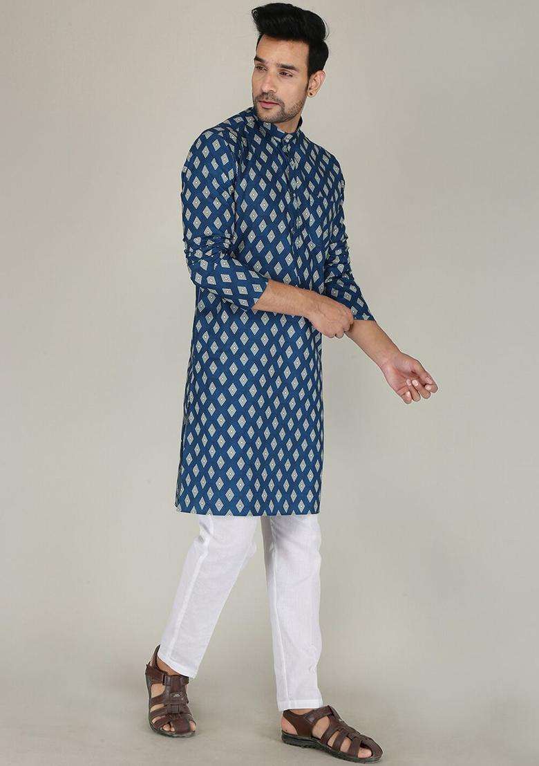 Blue Printed Cotton Kurta Set For Men - Indya