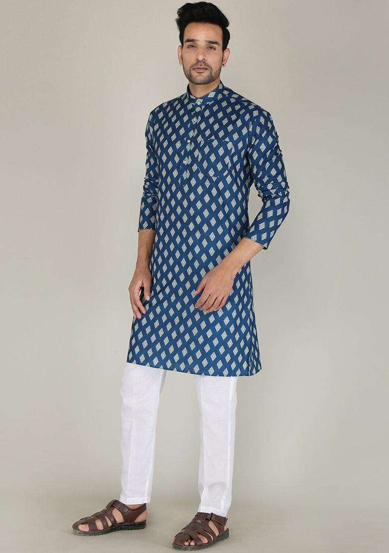 Blue Printed Cotton Kurta Set For Men - Indya