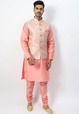 Pink Solid Silk Kurta Set For Men