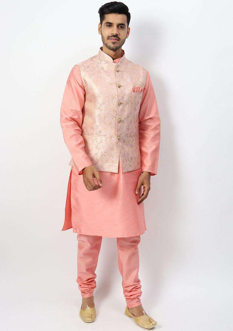 Pink Solid Silk Blend Kurta Set For Men - Indya