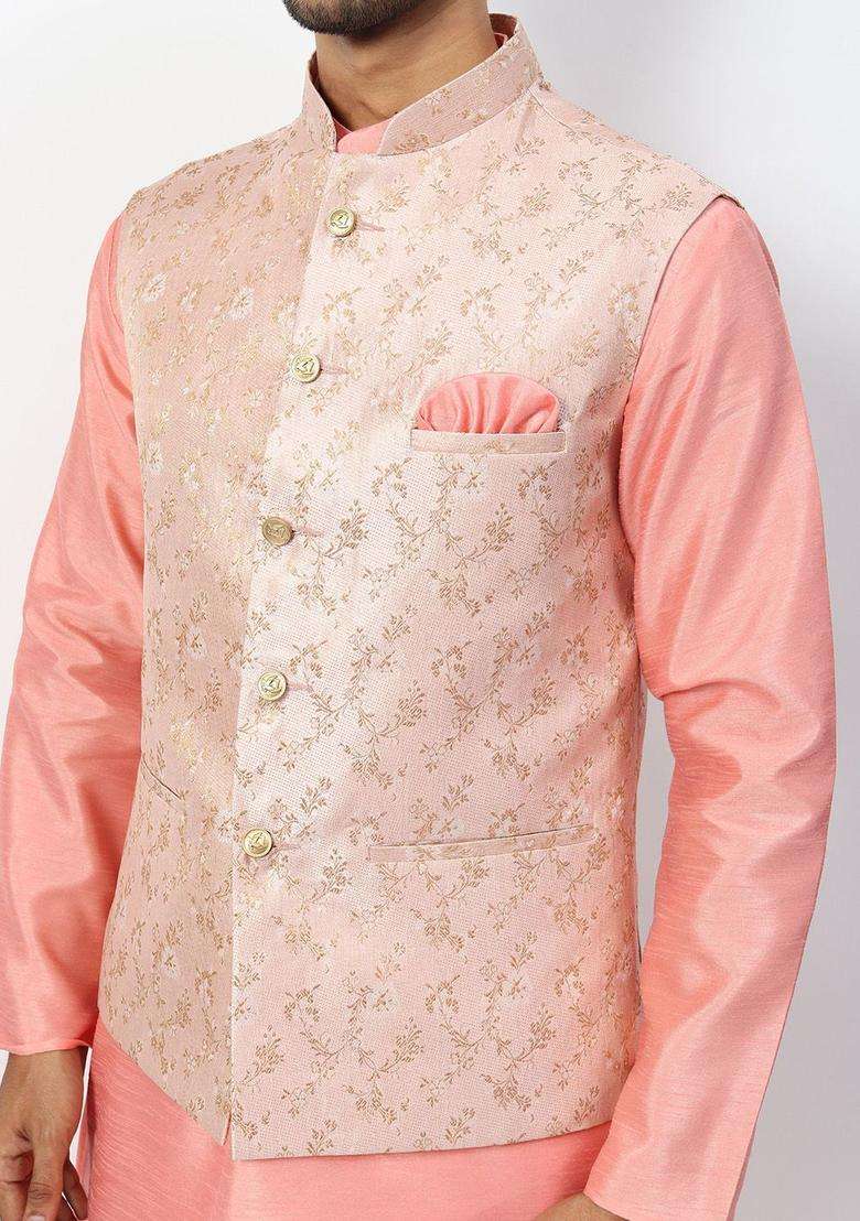 Pink Solid Silk Blend Kurta Set For Men - Indya