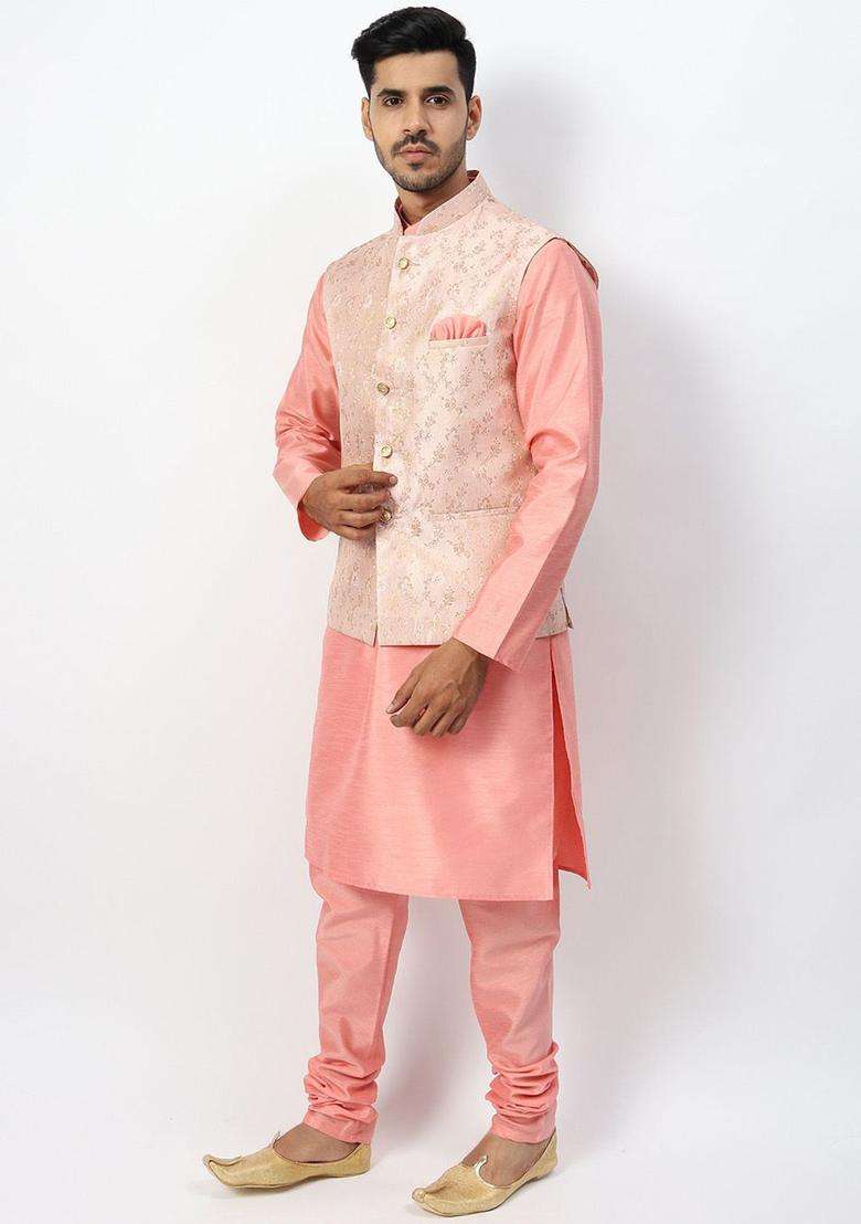 Pink Solid Silk Blend Kurta Set For Men - Indya